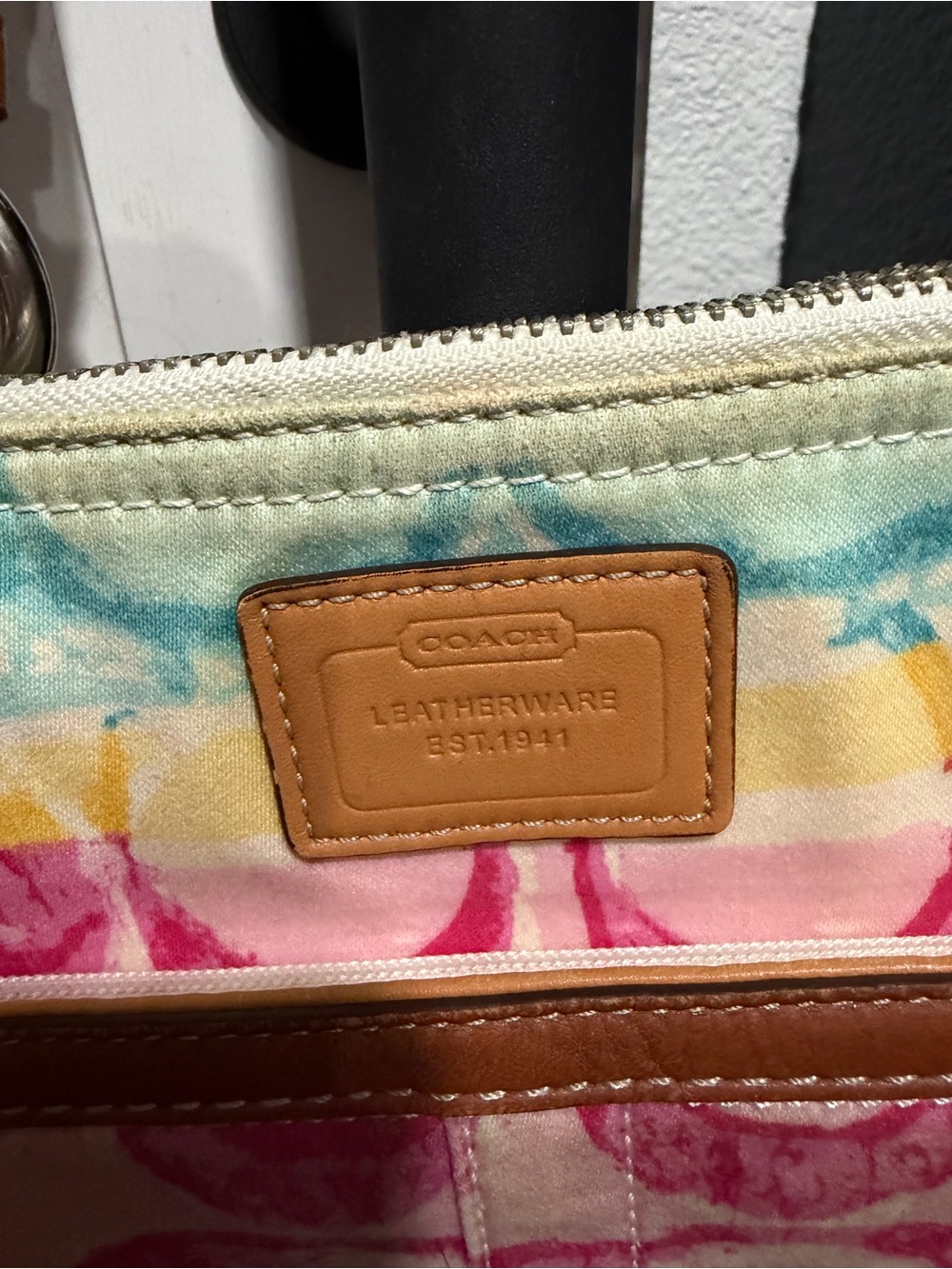 Coach Multicolor Signature Print Canvas Tote with Tan Leather Trim - Picture 5 of 9